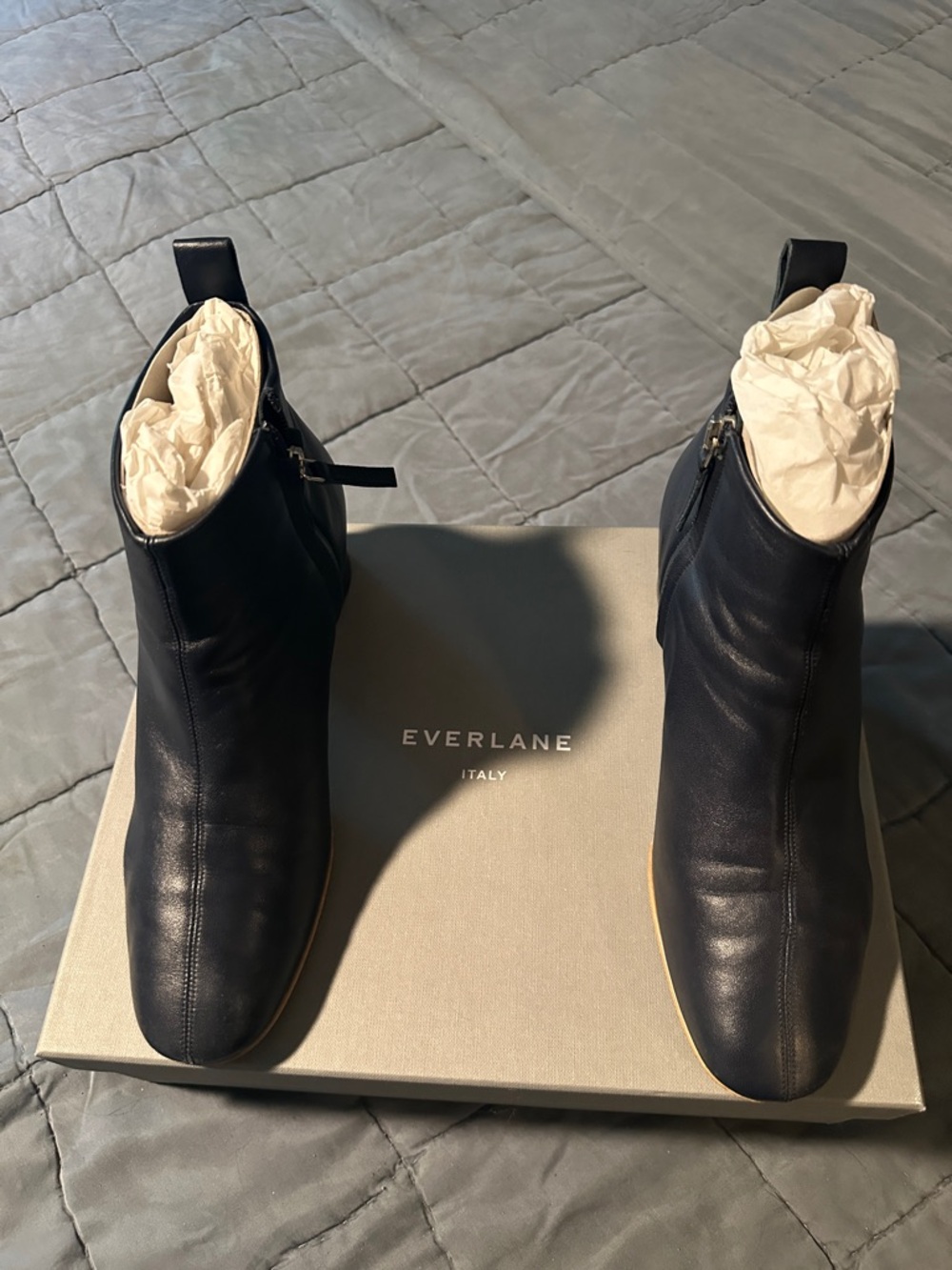 Everlane Navy Leather Zip Ankle Boots